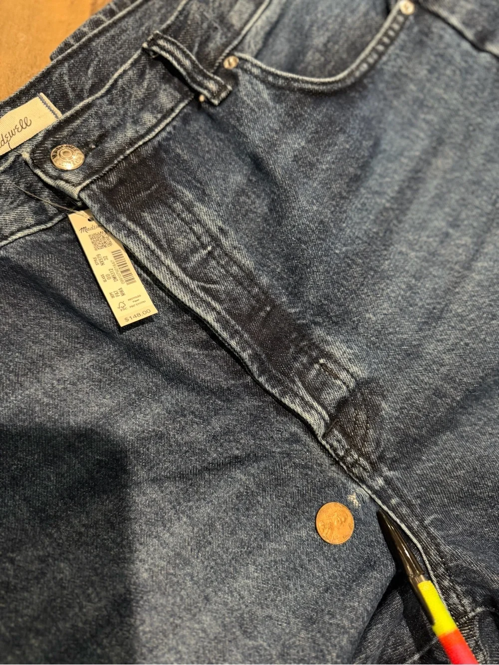 Madewell Pieced Barrel-Leg Jeans Rigid Cotton Blue Denim Mckinney Wash 32 FLAW